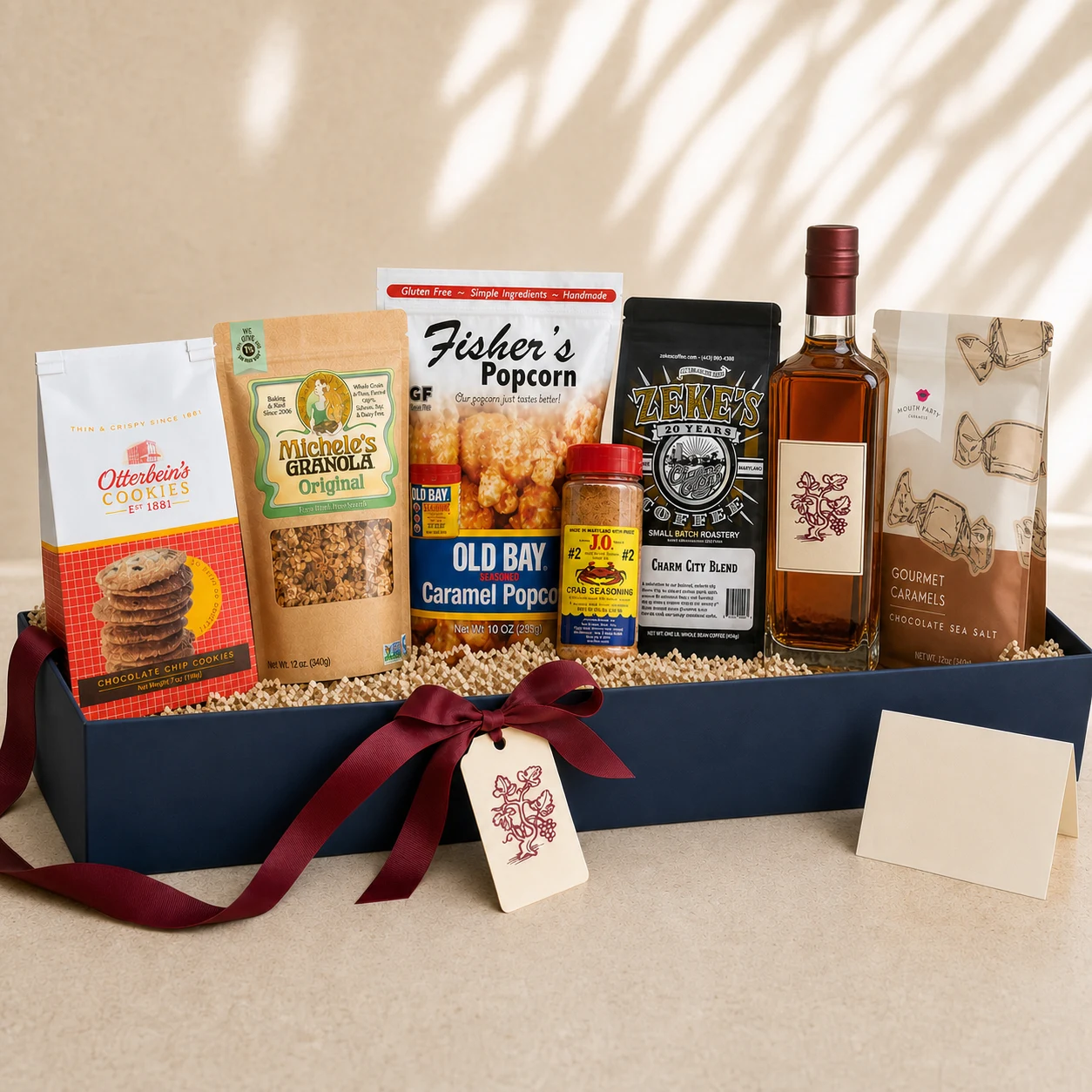 Falls Road Reserve Maryland gift basket with a curated spirits bottle